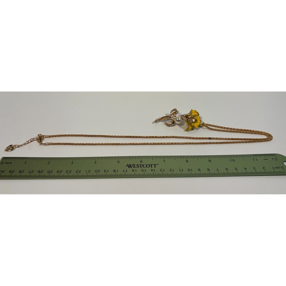 Betsey Johnson Lily Necklace Yellow Enamel Pearl Rhinestone - Picture 8 of 11
